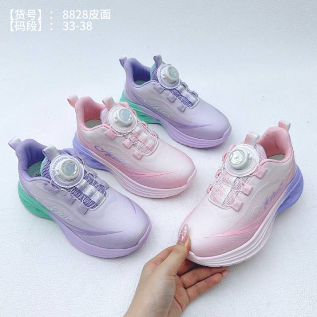 儿童旋钮扣皮面跑鞋粉紫渐变厚底轻便运动鞋
