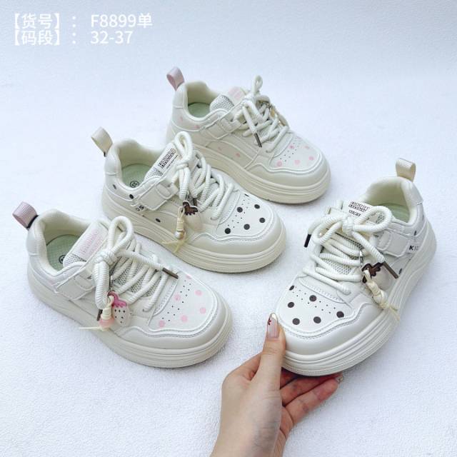 儿童厚底板鞋米白波点魔术贴系带休闲运动鞋女童小白鞋,货号 8899