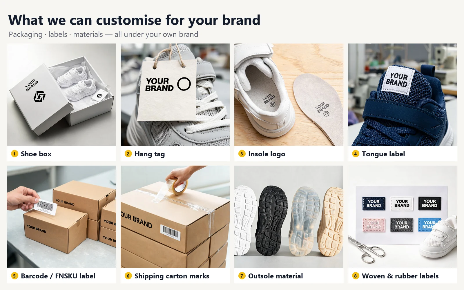 What we can customise for your baby shoe brand: box, tag, insole, label, barcode