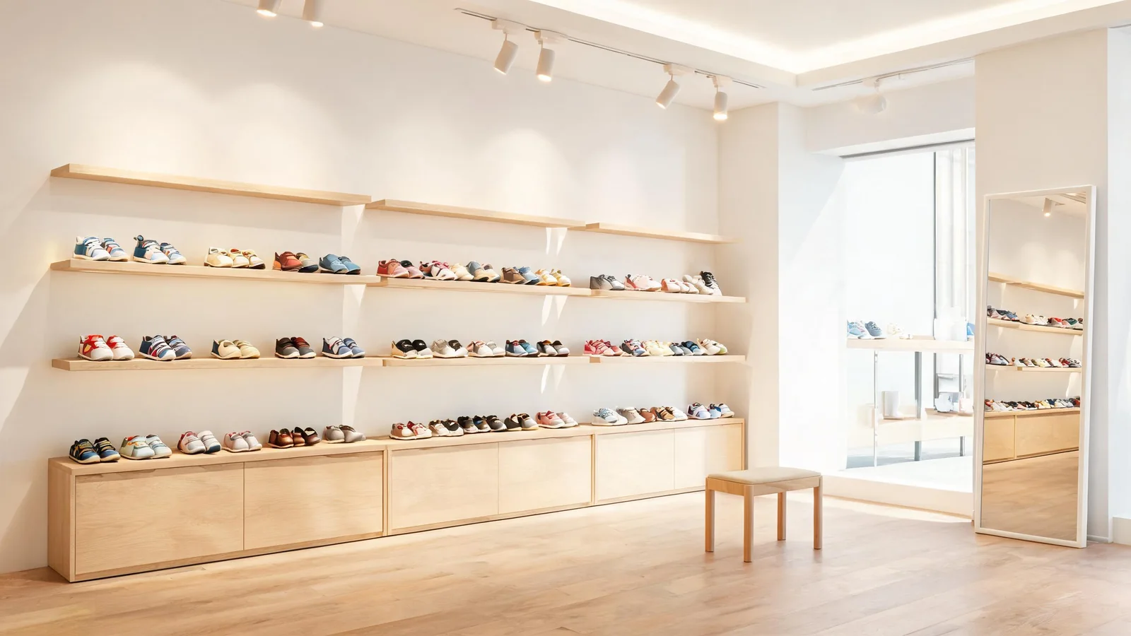 Kids shoes displayed in a European children's shoe boutique