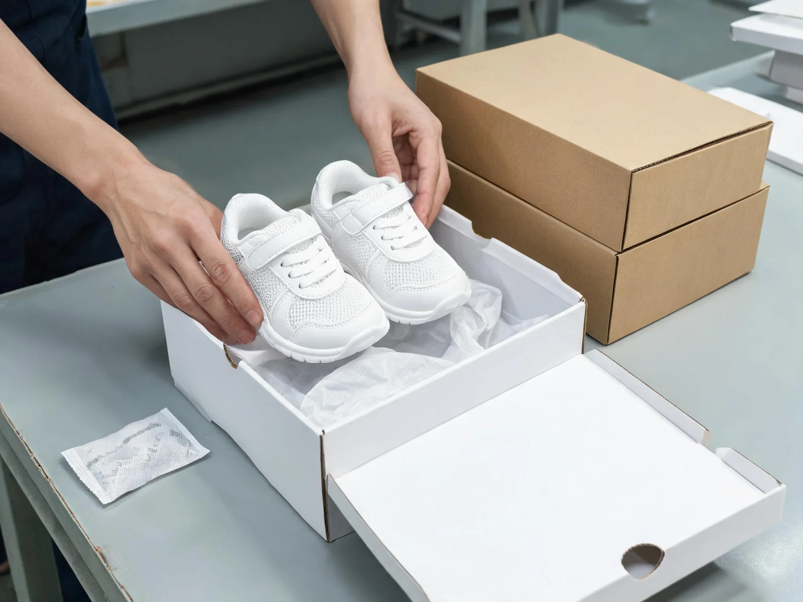 Packing kids shoes into plain shoe boxes with tissue paper and desiccant