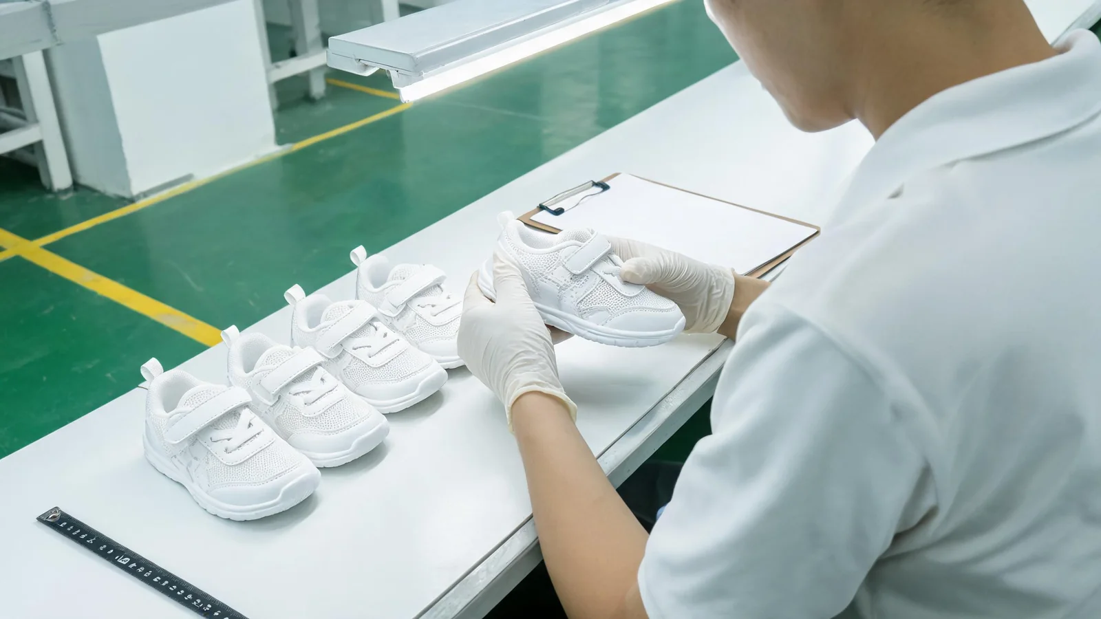QC inspector checking stitching and sole bonding of kids sneakers