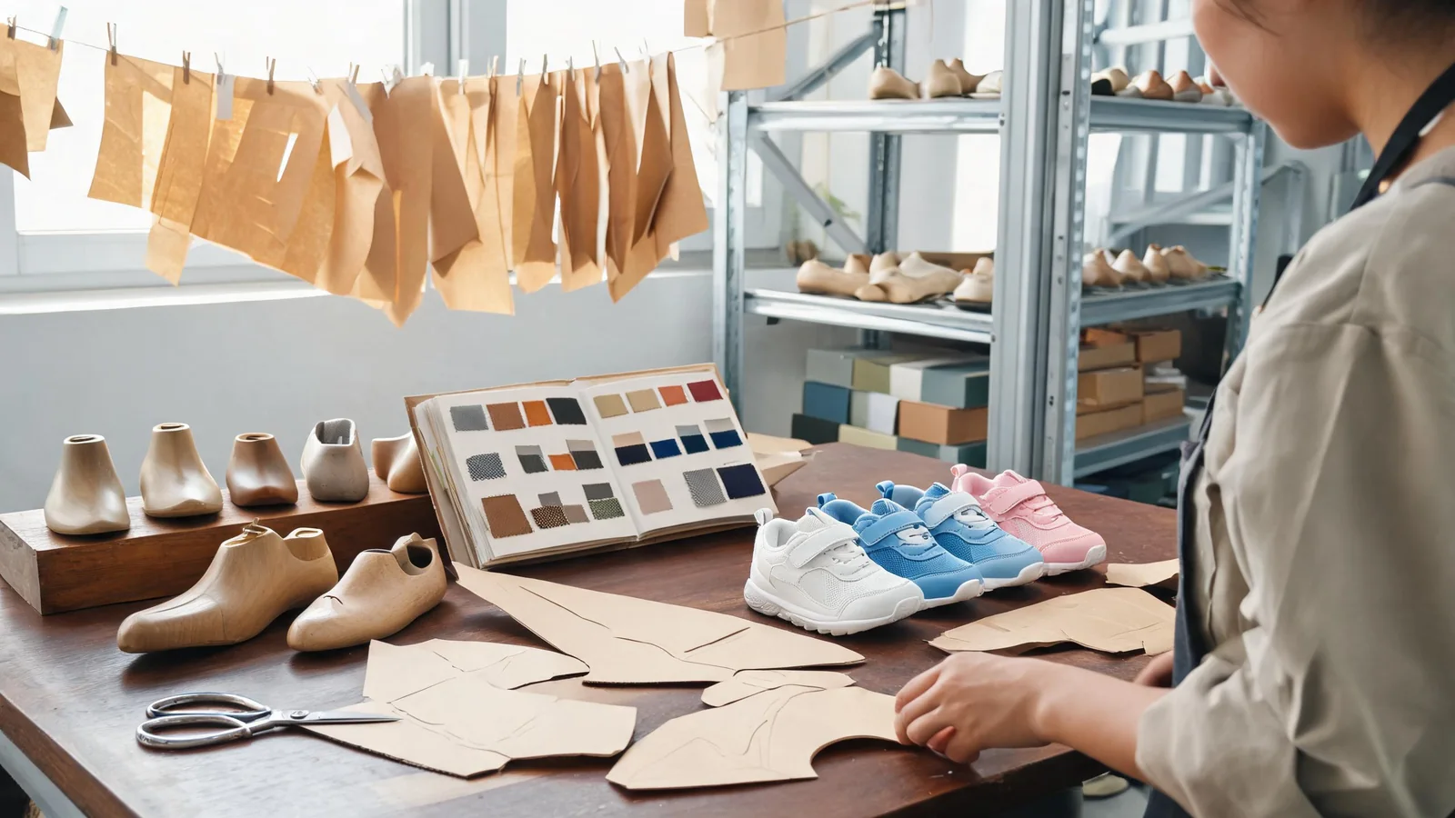 Sample development room with shoe lasts, patterns and colour swatches for OEM kids shoes