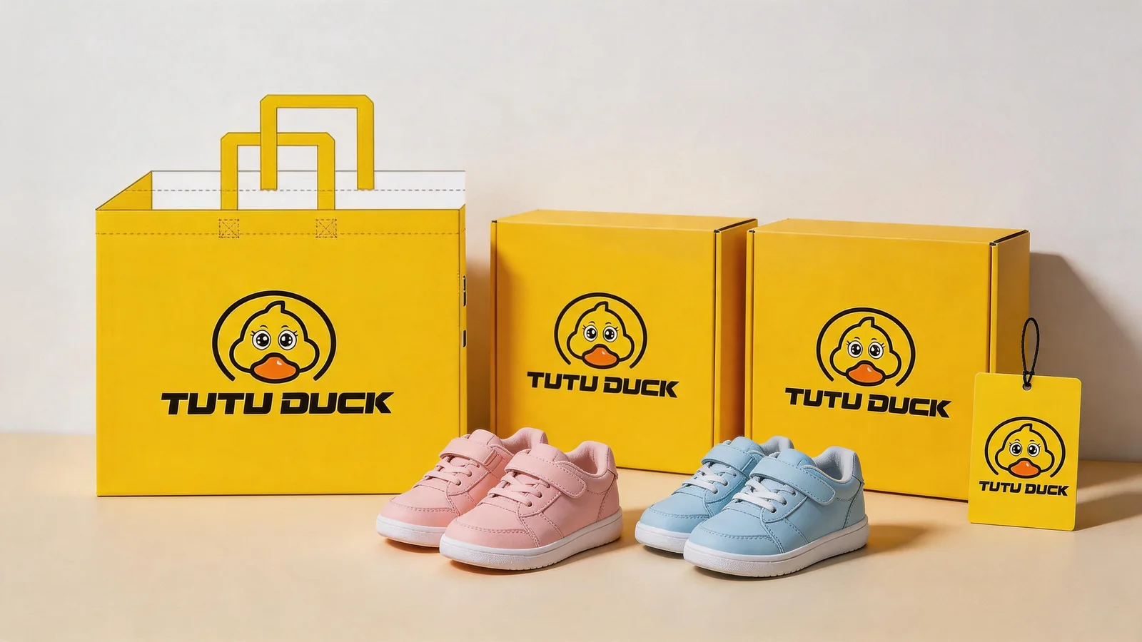 Full TUTU DUCK packaging set: tote bag, shoe boxes, hang tag and kids sneakers