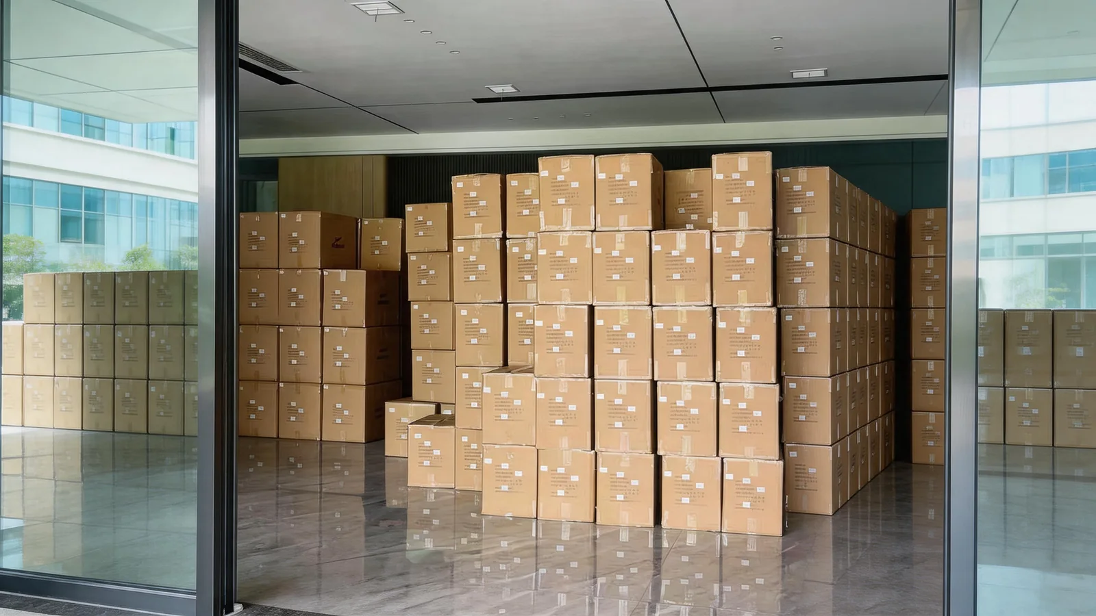 Packed export cartons of kids shoes stacked and ready to ship