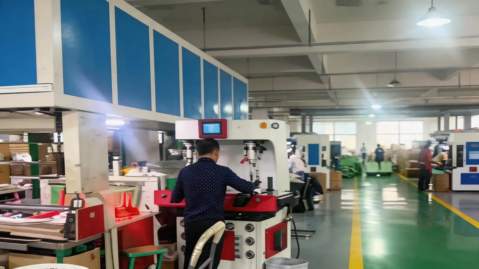 Lasting and sole attaching machines on the kids shoe production floor